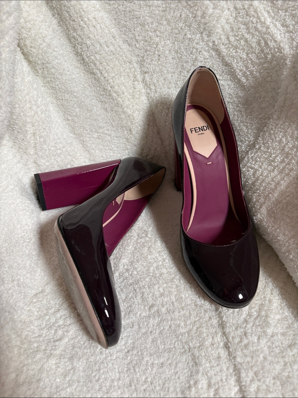 Like New Fendi Patent Leather Block Heel Pumps in Plum with Plum Lining 37